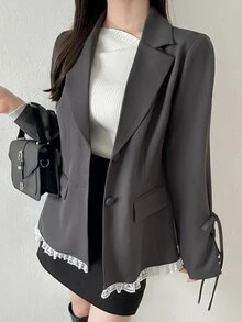 FRIFUL Women's Single-Breasted Long Sleeve Elegant Casual Jacket Office Formal Grey Autumn - Grey - View 2