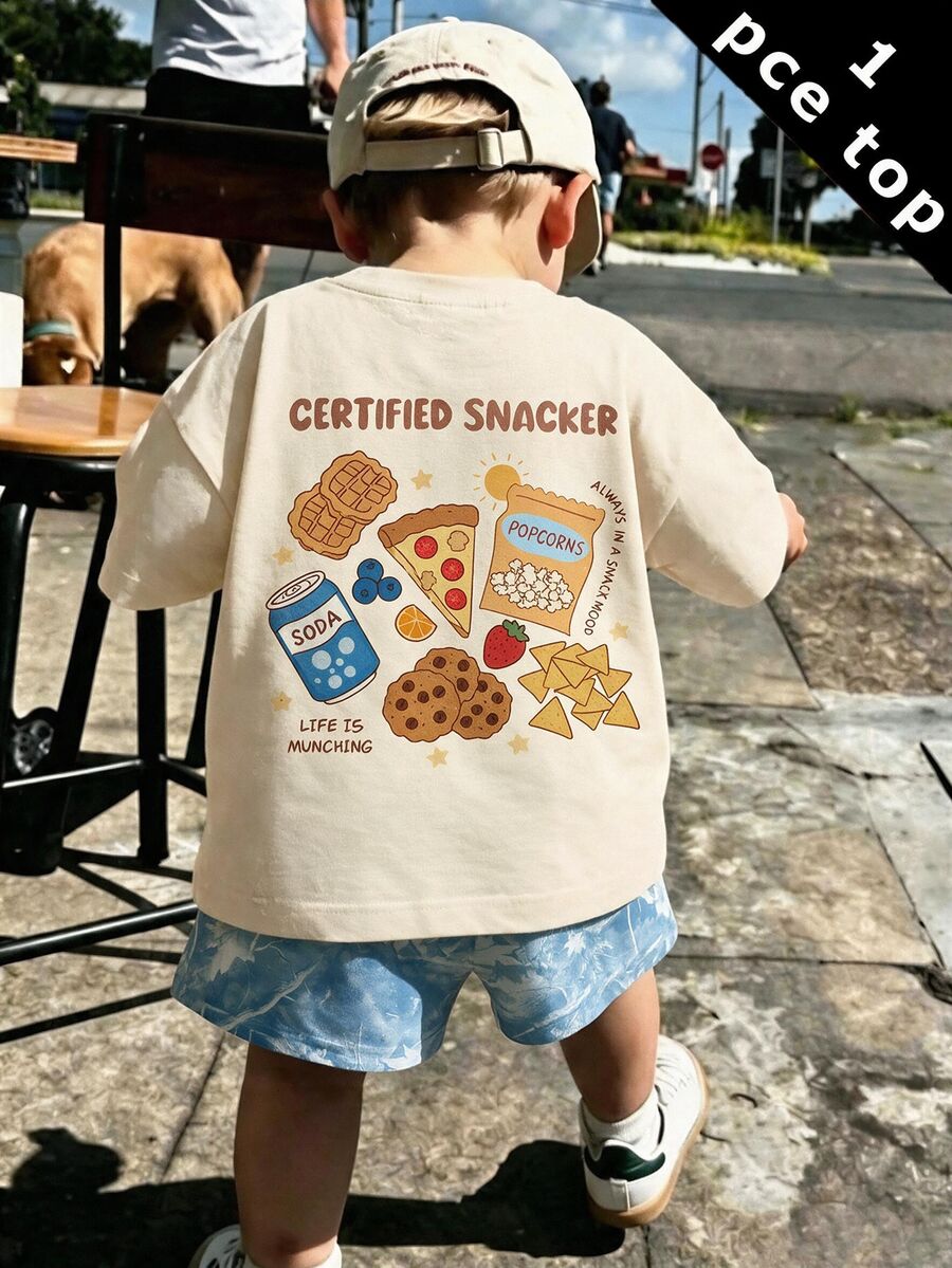 小男孩短袖T恤休閒簡約款,適合夏季,經典可愛卡通手繪食物圖案印花,背面圖案印花 - 彩色 - 查看 1