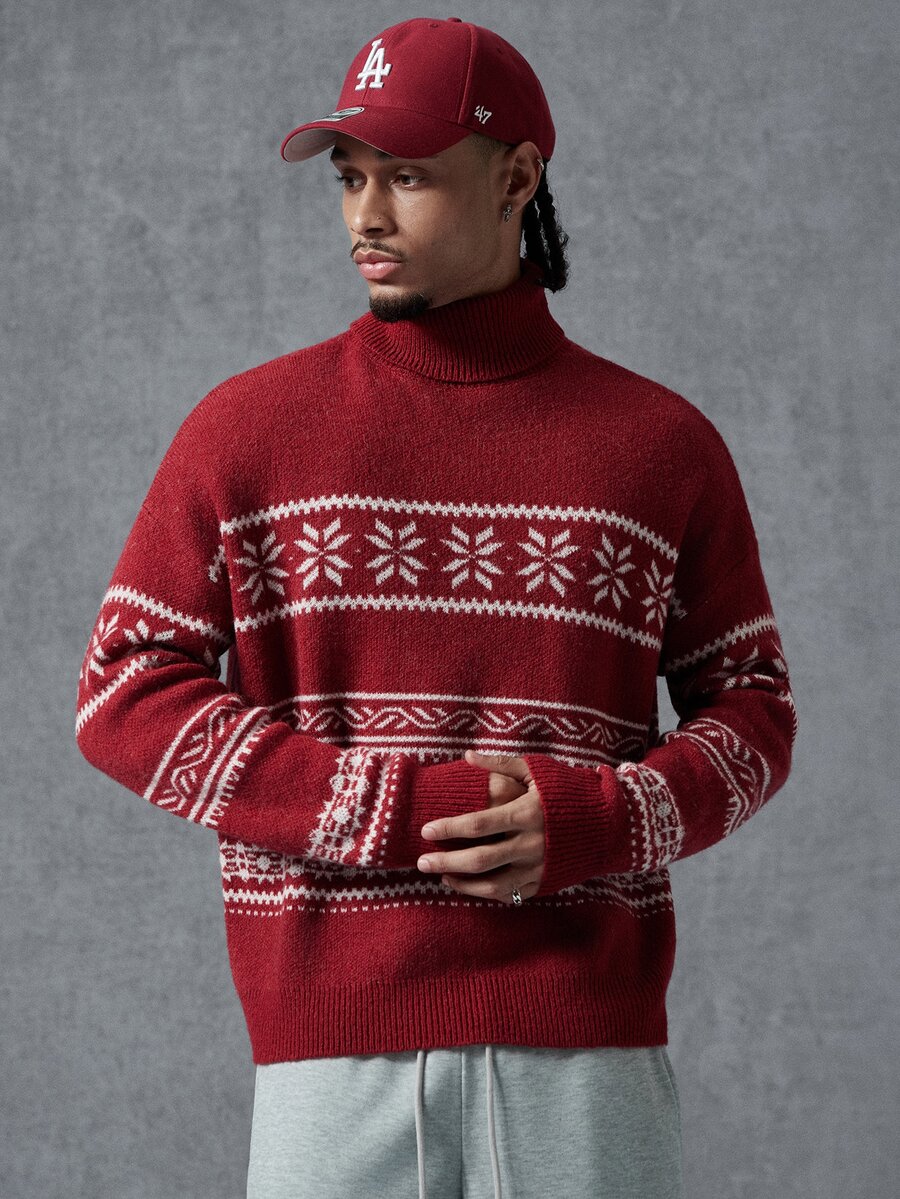 PAVTROS Men's Pattern Printed Long Sleeve Knit Top - Red - View 1