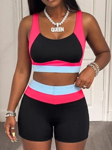SHEIN Core Rhythm 2026 Summer New Women's Plus Size Sporty Colorblock Tank Top & Adjustable Double Strap Bikini Bottom 2 Pieces Swimsuit - Multicolor - View 4