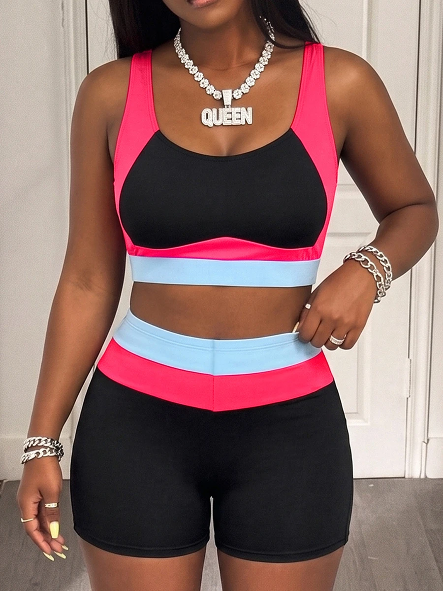 Slaydiva 2026 Summer New Women's Plus Size Sporty Colorblock Tank Top & Adjustable Double Strap Bikini Bottom 2 Pieces Swimsuit - Multicolor - View 1
