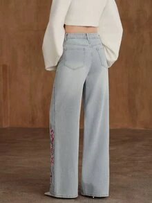 Anewsta Women's New Fashion Luxurious Heavy Embroidery Blue Jeans Straight Leg Pants - Blue - View 7