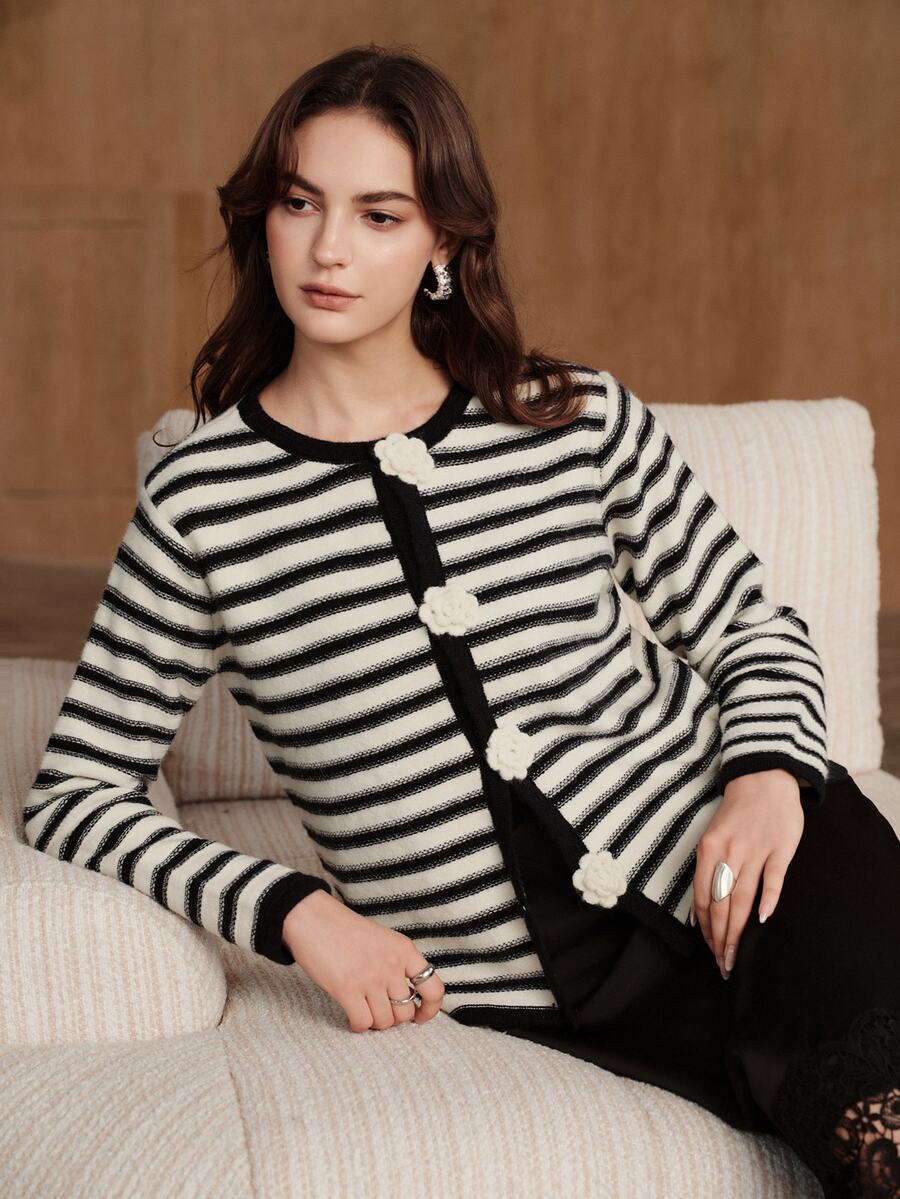 Anewsta Women's Striped Casual Daily Cardigan - Black and White - View 1