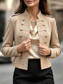SHEIN Franclia Jaket Pendek Wanita Musim Gugur Musim Dingin Bahan Suede Imitasi Gaya Militer, Kerah Tegak, Kancing Emas Double Breasted, Epaulet Bahu, Mantel Pendek Depan Terbuka Gaya Vintage - Aprikot - View 5