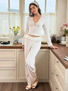 Snug Reverie French Vintage Polka Dot V-Neck One-Piece Pajamas, Sweet Ruffle Waist Long Sleeve Loungewear - White - View 6