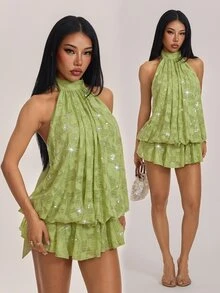 SHEIN PETITE Women's Solid Color Beaded Cold Shoulder Mini Dress - Green - View 4