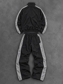Manfinity Denimwave Men 2set Pieces Casual Tracksuit Set, Loose Color Block Zip Jacket And WideLeg Trousers, Lightweight Outfit For Outdoor Sports Street Style Daily Look - Black - View 6