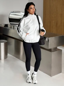 Muchica Women's White Striped Patchwork Stand Collar Zip Up Loose Fit Sports Jacket Gym Jacket Workout Jacket Running Jacket Sportswear Activewear Windbreaker - White - View 7