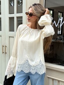 Serisse Women's Lace Patchwork Casual Daily Wear Blouse - Multicolor - View 3