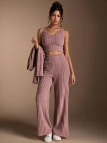 SHEIN BASICS Women's Solid Color Dropped Shoulder Long Sleeve Open Front Top, Cropped Tank Top And Long Pants Casual Set - Coral Orange - View 6