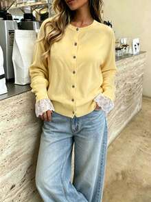 Cévolie Cardigan Rajut Tipis Kancing Tunggal dengan Manset Renda Kontras untuk Wanita - Kuning - View 7