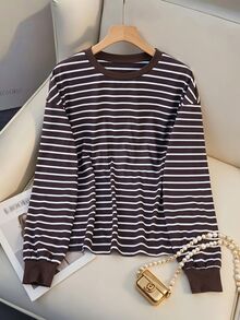 Muvela Women's Brown Striped Long Sleeve T Shirt Crew Neck Round Neck Casual Loose Fit Ribbed Cuff Drop Shoulder Stripe Tee Top Fall Winter Layering Blouse - Multicolor - View 2