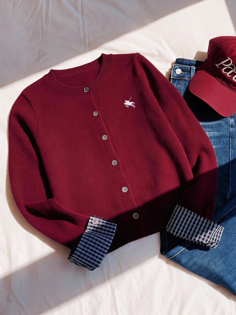 Comfortcana Women's Patchwork Plaid Cuff Single-Breasted Knit Cardigan - Burgundy - View 1