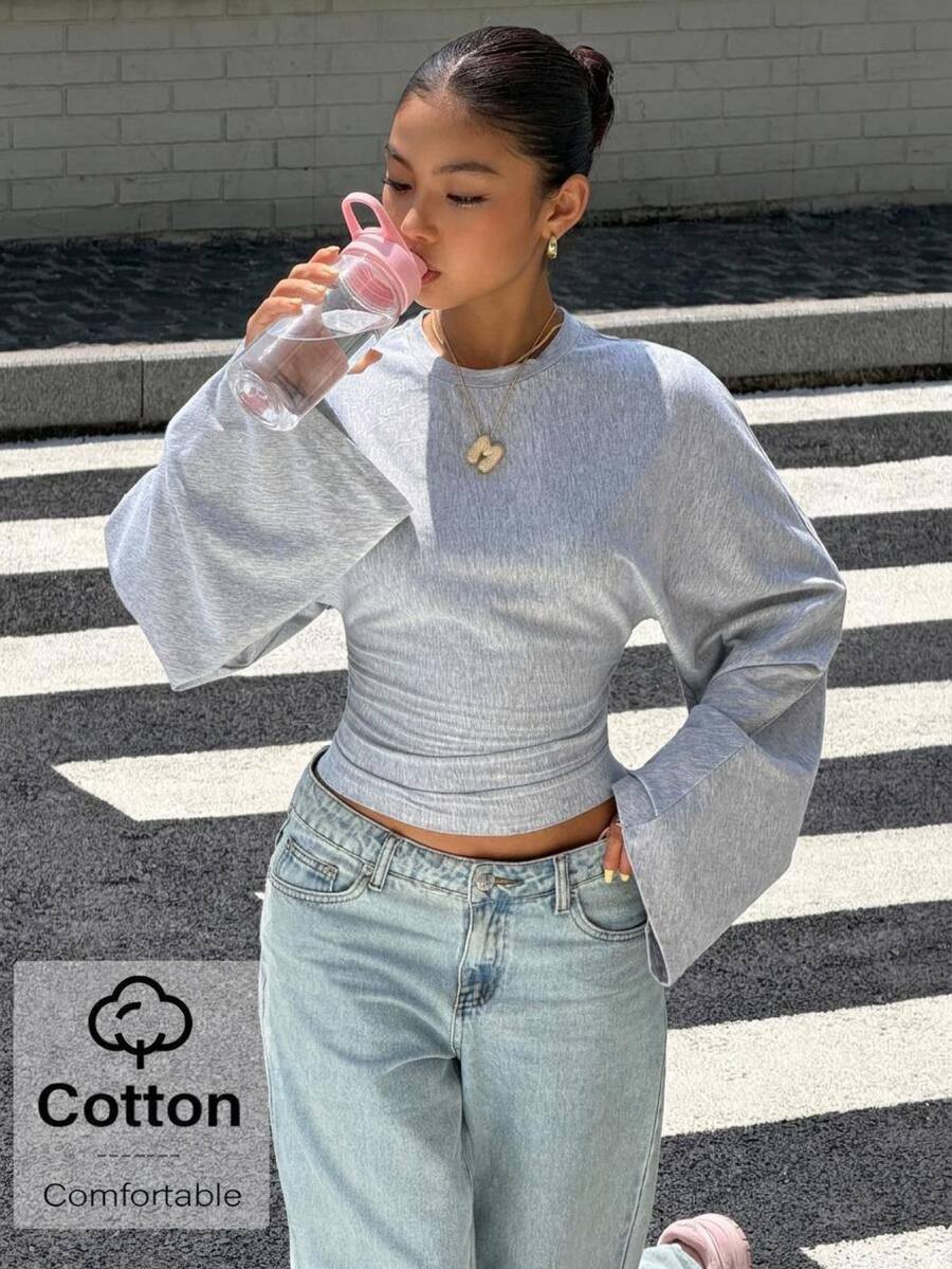 SHEIN Teen Girls Fall Knit Long Sleeve T-Shirt, Gray Crew Neck Loose Fit Casual Top For Daily School Wear, Soft, Ribbed, College, All-Match, Simple, Comfortable - Grey - View 1