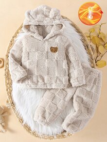 SHEIN 2件組幼童男童連帽衛衣長褲套裝 可愛米色 3D熊耳朵 格紋紋理 毛茸茸長袖連帽加厚戶外秋冬毛絨 - 卡其色 - 查看 1