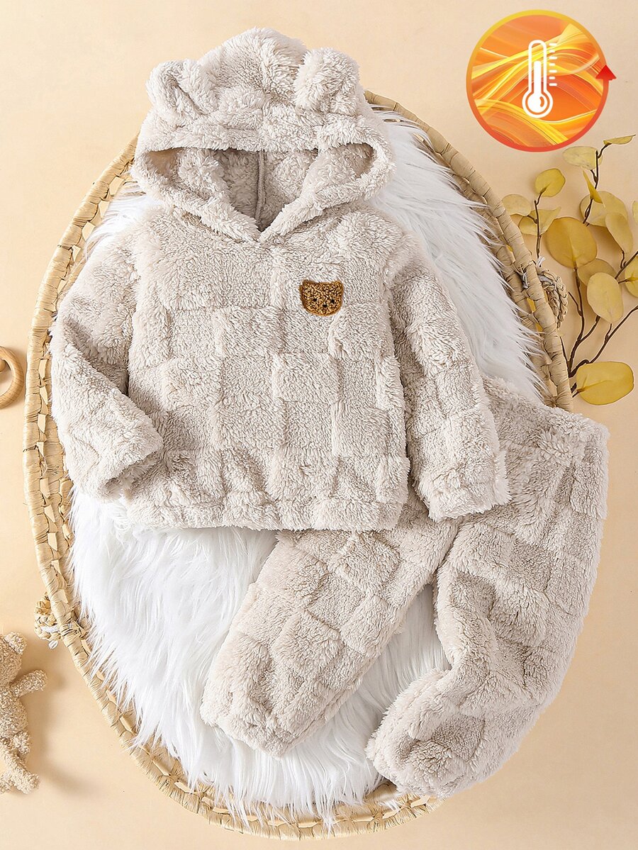 SHEIN 2件組幼童男童連帽衛衣長褲套裝 可愛米色 3D熊耳朵 格紋紋理 毛茸茸長袖連帽加厚戶外秋冬毛絨 - 卡其色 - 查看 1