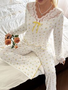 CottageSlumber Women's Colorblock Lace Patchwork Cherry Print Long Sleeve Pajama Set With Long Pants - White - View 7