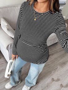 SHEIN Maternity Nursing Striped Colorblock Long Sleeve Minimalist Top - Black - View 7
