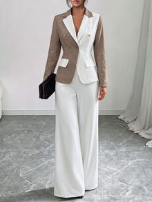 SHEIN Elenzya Women's Business Casual Fashion Colorblock Blazer And Solid Color Wide Leg Pants Set - Multicolor - View 6