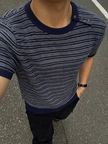 DAZY 男士短袖條紋圓領鈕扣不對稱門襟針織上衣 - 藏蓝色 - 查看 6