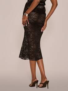 MUSERA Sheer Lace Fitted Low Rise Midi Skirt Sexy Evening Night Going Out Fall Winter Autumn Solitude - Black - View 4