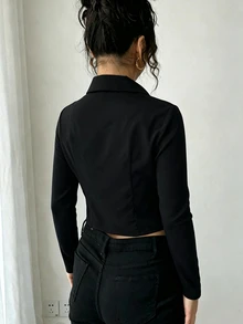 INAWLY 休閒修身領口拉鍊金屬鈕扣裝飾性感長袖女款襯衫 - 黑色 - 查看 2