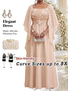 SHEIN CURVE+ Plus Size Women Solid Color Square Neck Lace Applique Patchwork Waist-Cinching Slimming Cape Sleeve Dress Fall - Pink - View 1