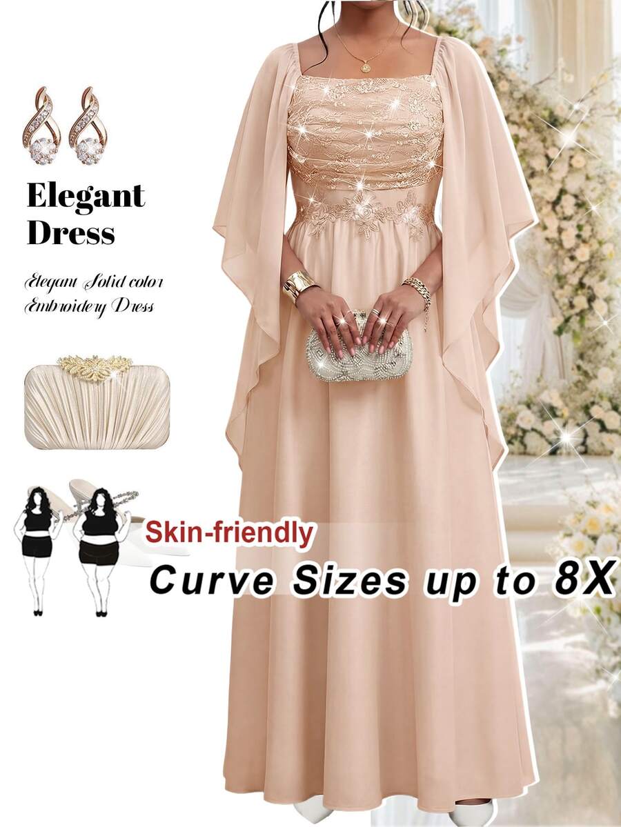 SHEIN CURVE+ Plus Size Women Solid Color Square Neck Lace Applique Patchwork Waist-Cinching Slimming Cape Sleeve Dress Fall - Pink - View 1
