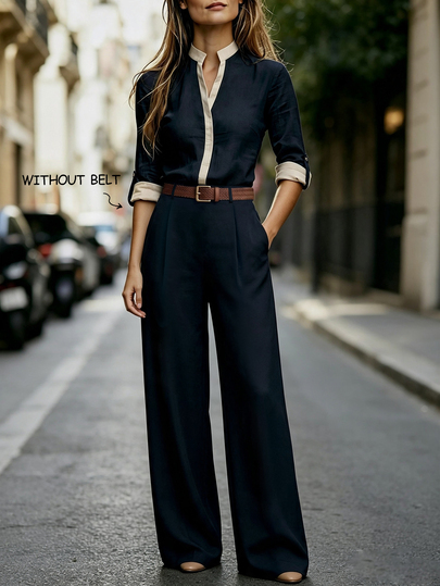 SHEIN Women's Elegant Casual Apricot & Navy Color Block V Neck Adjustable Long Sleeve Blouse & Wide Leg Pants 2 Piece Set, Fall Business Outfit, No Belt
