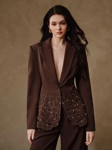 Anewsta Women's New Vintage Elegant Party Evening Heavy Embroidery Hollow Out Long Sleeve Rhinestone Bling Blazer - Brown - View 5