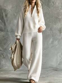 SHEIN Fall Casual Half Zip Stand Collar Knit Two‑Piece Outfits, Women Drop Shoulder Sweater & Wide Leg Pan - Beige - View 1