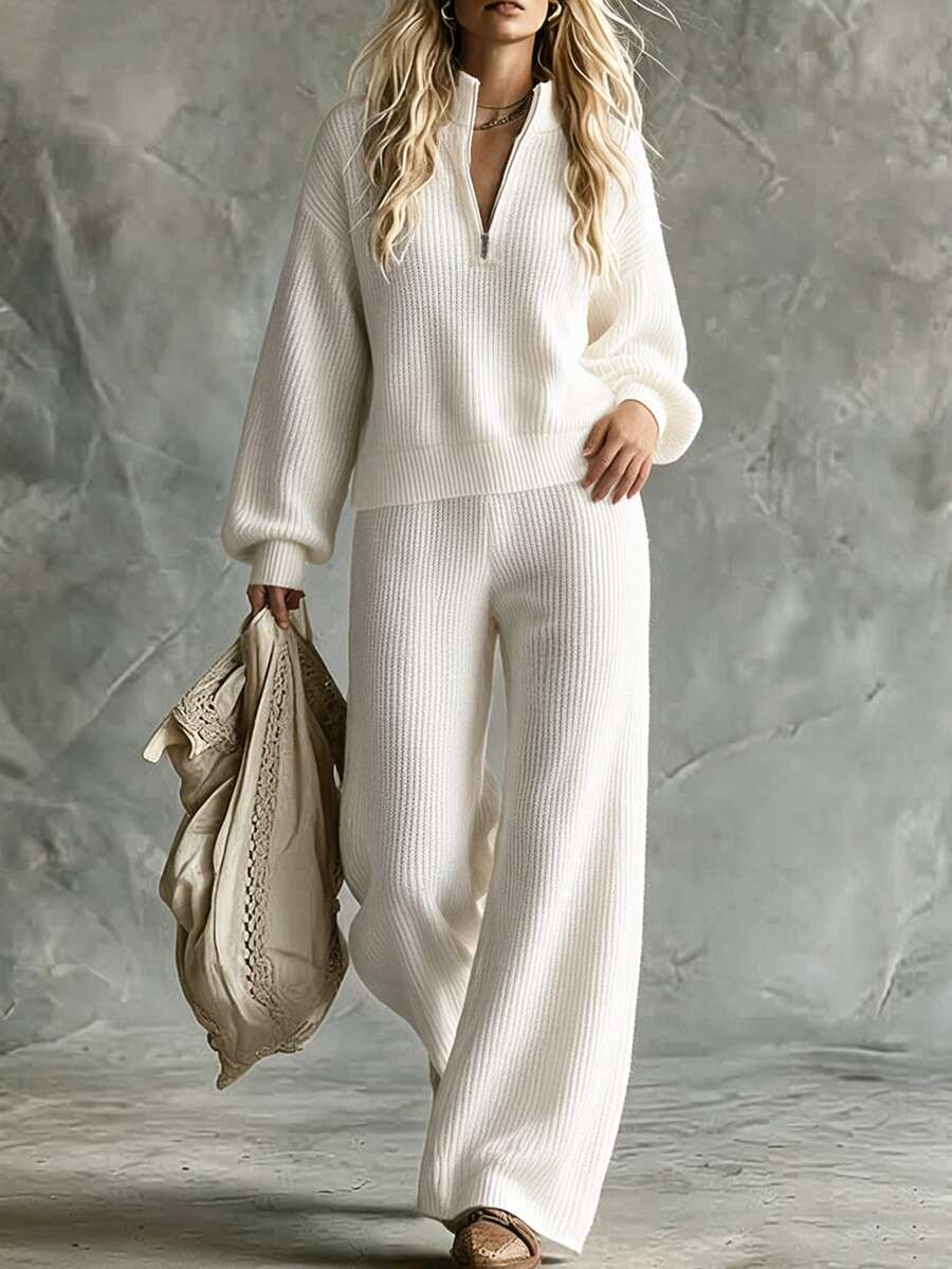 SHEIN Fall Casual Half Zip Stand Collar Knit Two‑Piece Outfits, Women Drop Shoulder Sweater & Wide Leg Pan - Beige - View 1