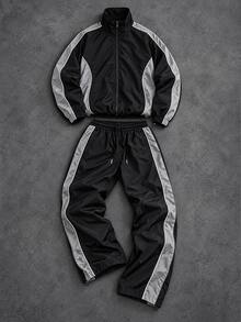 Manfinity Denimwave Men 2set Pieces Casual Tracksuit Set, Loose Color Block Zip Jacket And WideLeg Trousers, Lightweight Outfit For Outdoor Sports Street Style Daily Look - Black - View 4