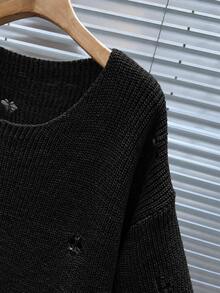 Manfinity CasualKnits 男士純色圓領落肩長袖做舊休閒毛衣，男孩秋冬日常新款 - 黑色 - 查看 4