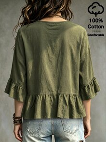 Linhara CURVE Plus Size Vintage Army Green Crinkled Texture Fabric Collar Wrap 3D Ruffle Deep V Neckline Front Closure Mid-Sleeve Gathered Cuffs Flared Frill Trim Waistline Horizontal Ruched Design Short Sweet Style 3/4 Sleeve Blouse - Army Green - View 2