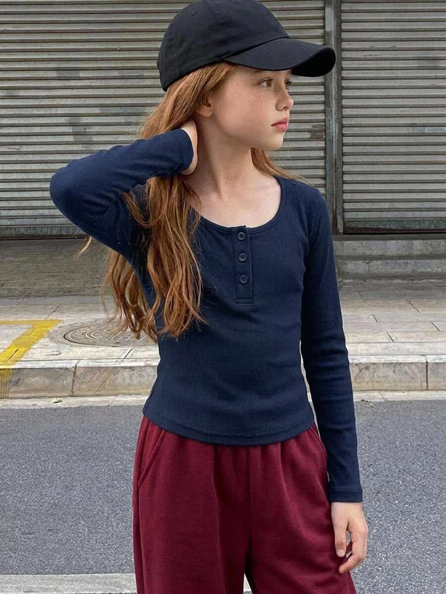 Hapijoa Tween女孩黑色修身長袖半鈕扣前襟內搭圓領T恤,秋季 - 藏蓝色 - 查看 1