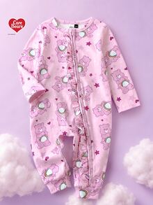 SHEIN X Care Bears 女嬰卡通熊長袖前開拉鍊連身衣 - 粉色 - 查看 1