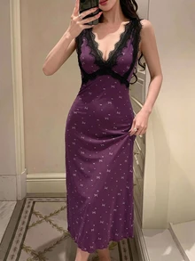 DAZY 秋冬蝴蝶結圖案滿版印花對比色蕾絲拼接收腰長洋裝夏季女款睡裙 - 紫色 - 查看 4