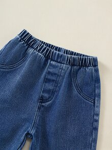 男嬰/幼兒 2件組秋冬加厚抓絨時尚可愛泰迪熊圖案衛衣與牛仔褲套裝，可拆卸領子，冬季嬰兒服飾，丹寧牛仔褲運動套裝 - 紅色 - 查看 5