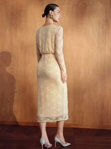MOTF PREMIUM WOMEN'S LACE PATCHWORK CASUAL PARTY MIDI DRESS - Apricot - View 3