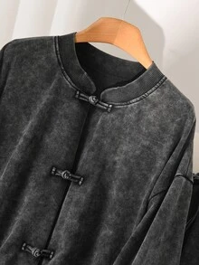 CosyJoli 大尺碼女款落肩長袖青蛙鈕扣門襟夾克與長褲休閒兩件套 - 藏蓝色 - 查看 3