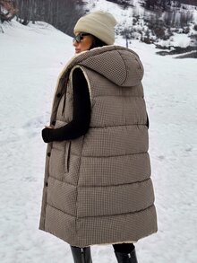 SHEIN Clasi Plaid Print Padded Hooded Vest Jacket, Autumn/Winter Vest Coat - Mocha Brown - View 3