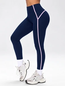 Dewbera Dewbera 女款秋季運動緊身褲，海軍藍修身 9/10 長度，對比色拼接滾邊，中腰，休閒寬鬆，健身房適用 - 藏蓝色 - 查看 4