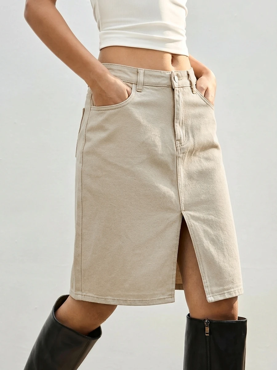 Maija Rok Denim Kasual Wanita dengan Saku dan Belahan di Bagian Bawah - Aprikot - View 1