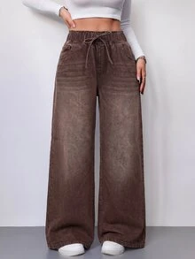 SHEIN Tall 女款抽繩腰休閒日常牛仔褲 - 棕色 - 查看 5
