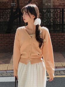 DAZY Women's Solid Color Loose Long Sleeve V-Neck Casual Vacation Korean Style Autumn/Winter Knit Cardigan - Coral Pink - View 2