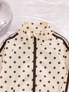 SHEIN Genkimix Kids 女童 4-7歲波點印花立領拉鍊夾克與慢跑褲 2件套，復古運動風春夏秋冬日常上學穿搭 - 杏色 - 查看 5