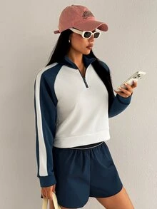 SHEIN Dewbera Women's Sporty Casual Fashion Colorblock Sweatshirt - White - View 6