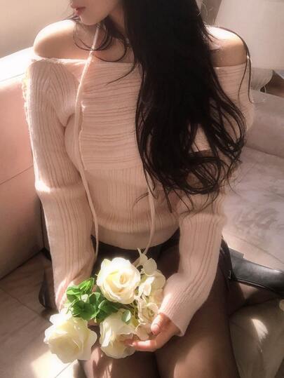 DAZY Women's Pink Off-Shoulder Large Lapel Tie-Front Fitted Ribbed Knit Short Pullover Sweater With Long Sleeves