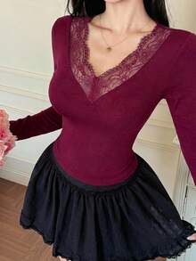 DAZY 春/夏修身顯瘦優雅蕾絲拼接情人節派對白色長袖女款T恤 - 酒紅色 - 查看 3